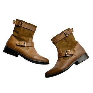 Clarks Harness Leather Boots Camel Brown Size 6.5 Mid Calf Ranch Style